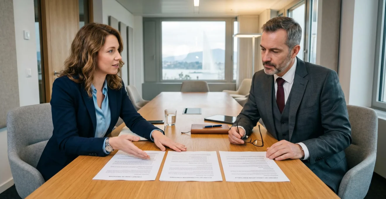 Consultant RH genevois présentant trois options contractuelles à un dirigeant d'entreprise dans une salle de réunion moderne