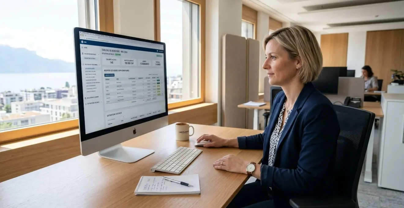 Directrice des ressources humaines travaillant sur un tableau de bord numérique de gestion de paie dans un bureau moderne lausannois