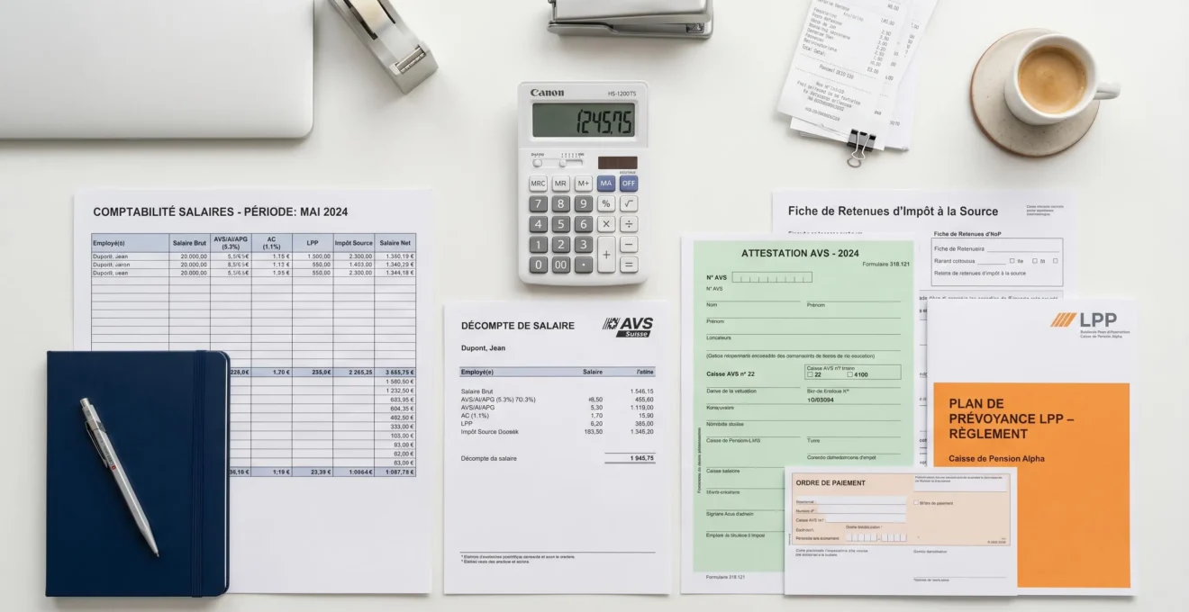 Documents de paie suisses et formulaires AVS/LPP organisés sur un bureau comptable moderne avec calculatrice