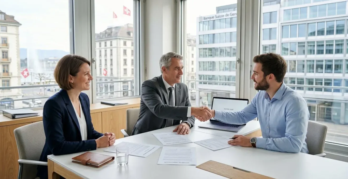 Signature d'un contrat de portage salarial dans un bureau moderne genevois entre trois professionnels autour d'une table contemporaine
