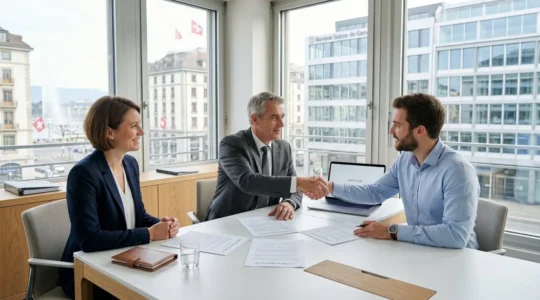 Signature d'un contrat de portage salarial dans un bureau moderne genevois entre trois professionnels autour d'une table contemporaine