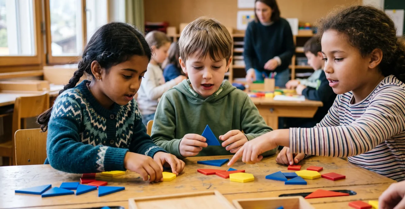 Groupe de trois élèves de primaire manipulant du matériel pédagogique concret sur leur table, travail collaboratif