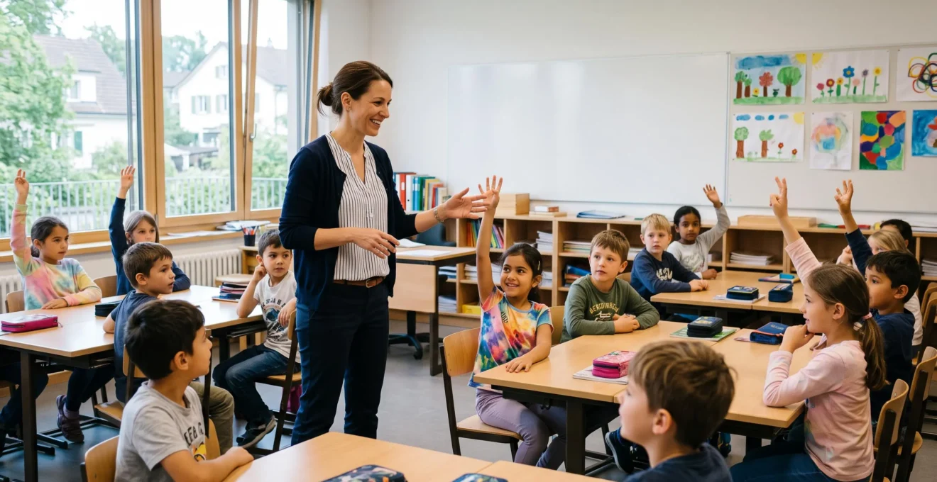 Enseignant animant une leçon interactive dans une classe primaire suisse, élèves attentifs et participatifs