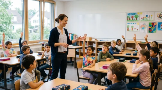 Enseignant animant une leçon interactive dans une classe primaire suisse, élèves attentifs et participatifs