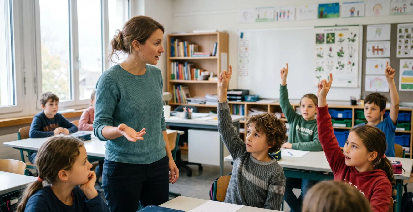 Enseignant questionnant des élèves de primaire, plusieurs mains levées, évaluation des connaissances préalables