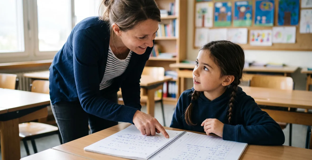 Enseignant penché vers un élève assis, donnant un feedback individuel sur son cahier ouvert